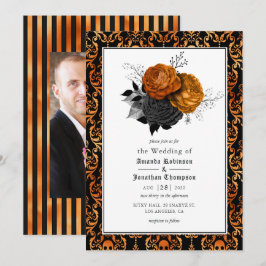 Invitación Foto de boda gótica floral negra y naranja