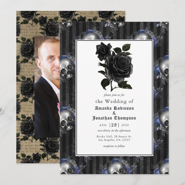 Invitación Foto de boda gótica floral vintage (Anverso / Reverso)