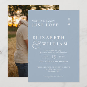 Invitación Foto de boda íntima con monograma moderno azul pol