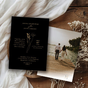 Invitación Foto de Boda Minimalista de Elegante Negro Dorado