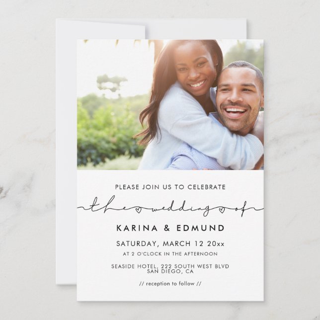 Invitación Foto de boda minimalista moderna manuscrita (Anverso)