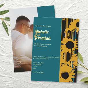Invitación Foto de boda moderna de girasol azul teal dorado