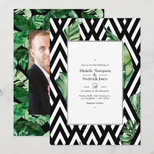 Invitación Foto de boda moderna tropical con chevron