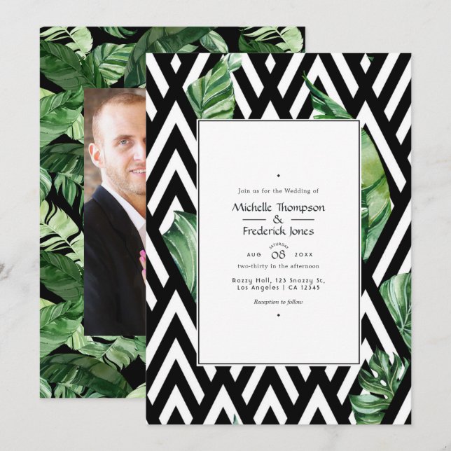Invitación Foto de boda moderna tropical con chevron (Anverso / Reverso)