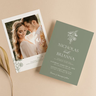 Invitación Foto de Boda moderno verde azulado floral minimali