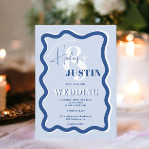 Invitación Foto de boda ondulado de curva azul retro