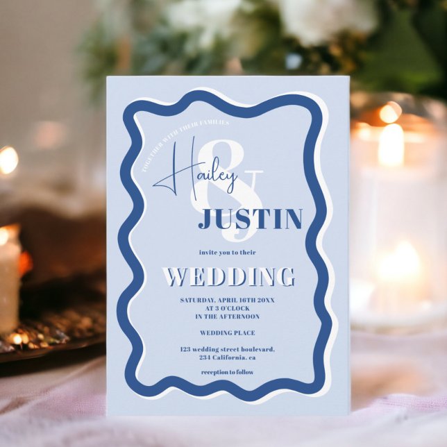 Invitación Foto de boda ondulado de curva azul retro (Retro blue curve squiggle wavy wedding photo invitation)