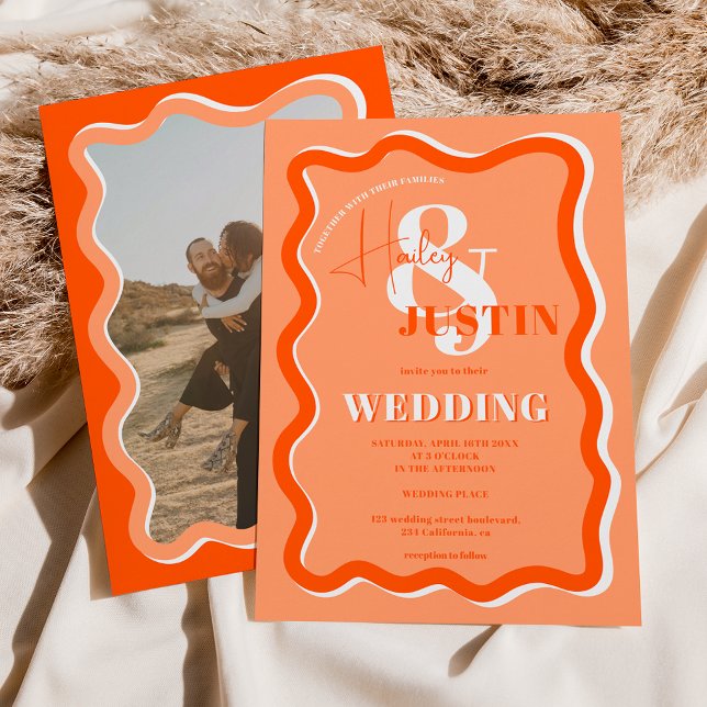 Invitación Foto de boda ondulado de curva naranja retro (Subido por el creador)