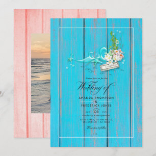 Invitación Foto de boda playera rústica en turquesa y coral