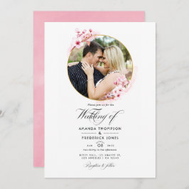 Invitación Foto de Boda Primaria de Cerezo Rosa Geométrico