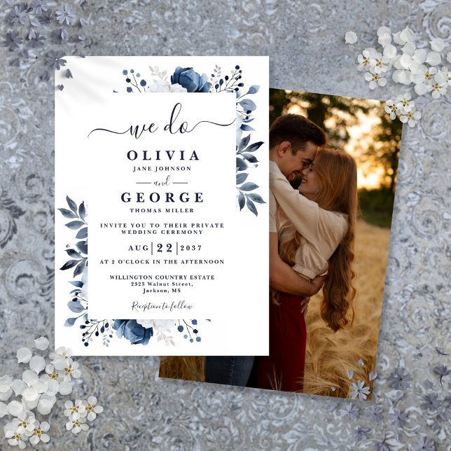 Invitación Foto de Boda privado íntimo floral azul (Blue Floral Intimate Private Wedding Photo Invitation)