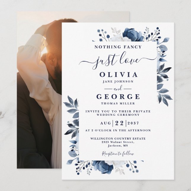 Invitación Foto de Boda privado íntimo floral azul de la mari (Anverso / Reverso)