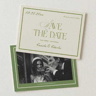 Invitación Foto de boda retro blanca y verde para guardar la 