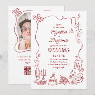 Invitación Foto de boda retro caprichosa dibujada a mano en b