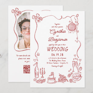 Invitación Foto de boda retro caprichosa dibujada a mano en b