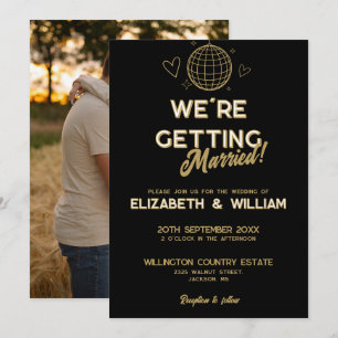 Invitación Foto de boda retro disco Groovy en negro y dorado