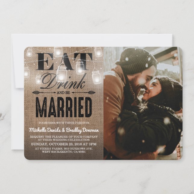 Invitación Foto de boda Rustic Eat Drink and be Married (Anverso)