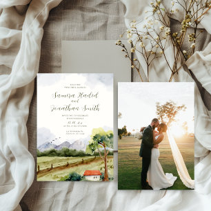 Invitación Foto de Boda Rustic Watercolor Mountain