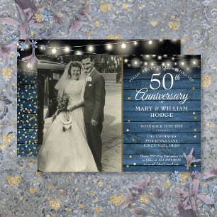 Invitación Foto de boda rústica con corazones de oro por el 5