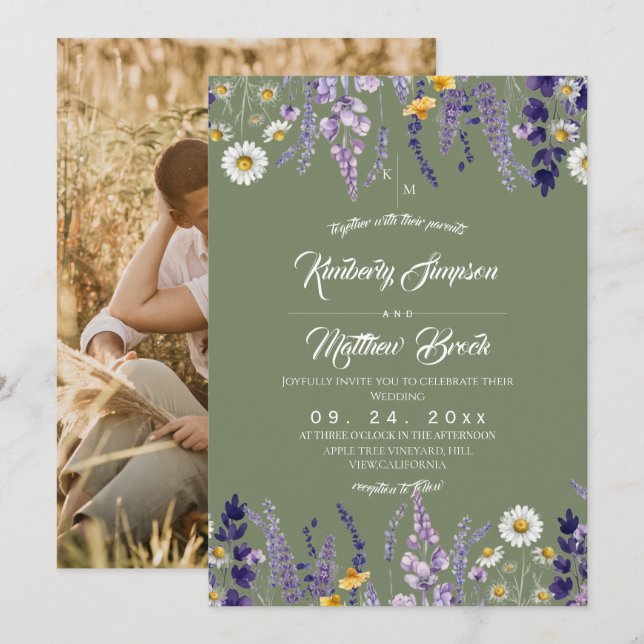 Invitación Foto de boda rústica con flores silvestres de colo (Anverso / Reverso)