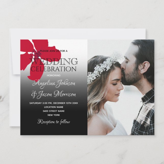 Invitación Foto de Boda Rústico Floral Rojo Negro y Blanco (Anverso)