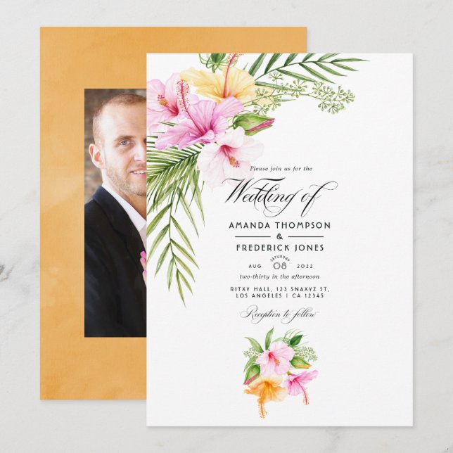 Invitación Foto de Boda Tropical Floral Beach (Anverso / Reverso)