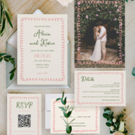 Invitación Foto de Boda verde y rosa francés dibujada a mano