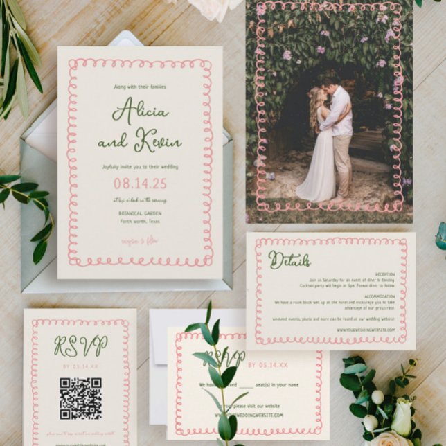 Invitación Foto de Boda verde y rosa francés dibujada a mano (Subido por el creador)