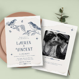 Invitación Foto de Boda Vintage Botánica y Aves Clásica