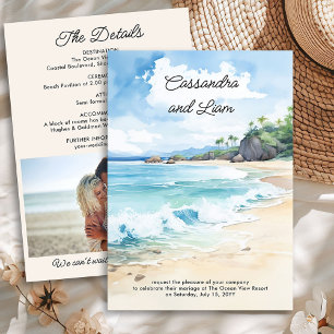 Invitación Foto de boda y detalles de acuarela de playa de ve