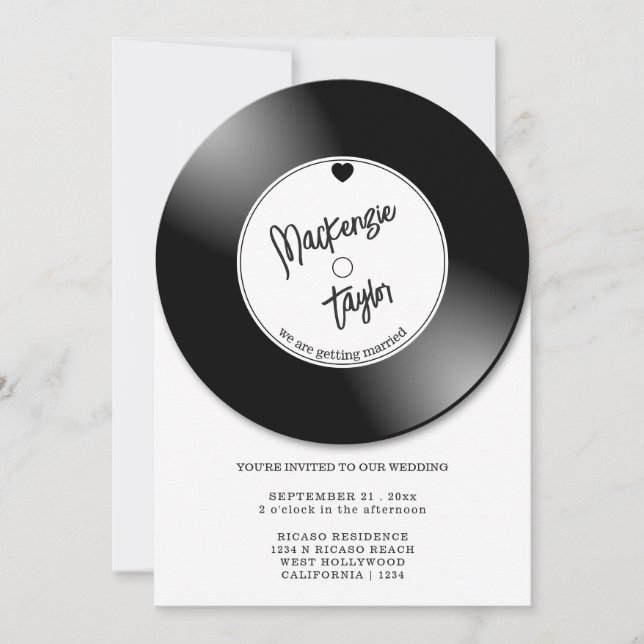 Invitación Foto de bodas con disco de vinilo retro (Anverso)
