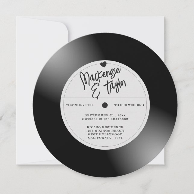 Invitación Foto de bodas con disco de vinilo retro (Anverso)
