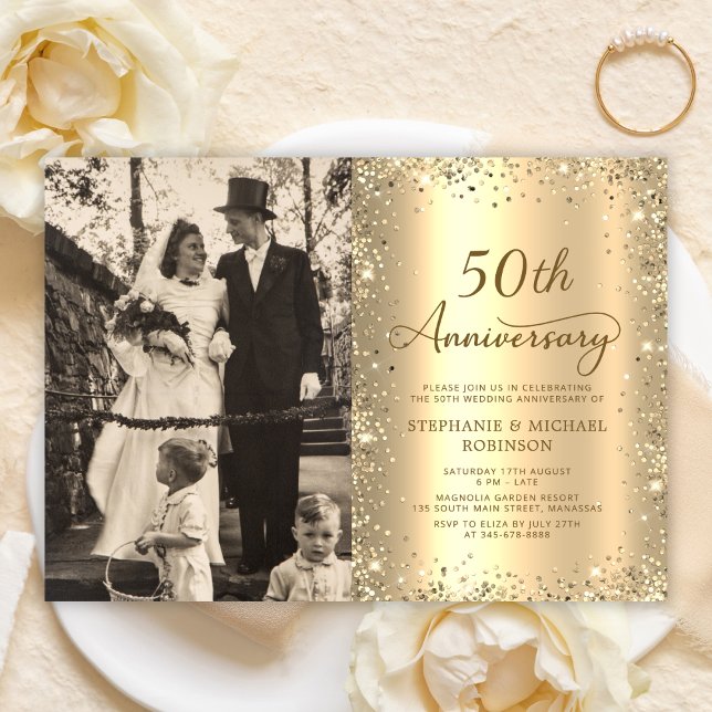 Invitación Foto de Bodas de Oro con Brillo Moderno 50 Anivers (Subido por el creador)