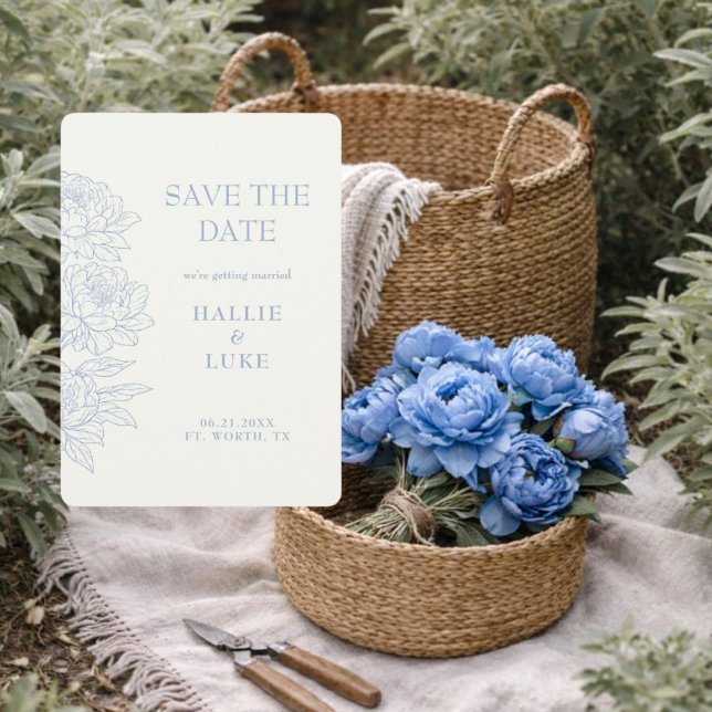 Invitación Foto de Bodas de Peonía Azul Periwinkle Guardar Fe (Subido por el creador)