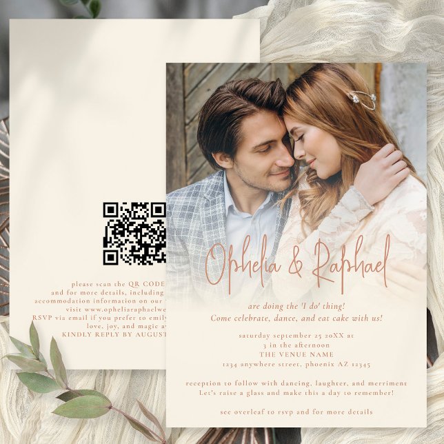 Invitación Foto de Boho Overlay QR Terracotta Cream Boda (Front and Back View. Available digtally or printed)