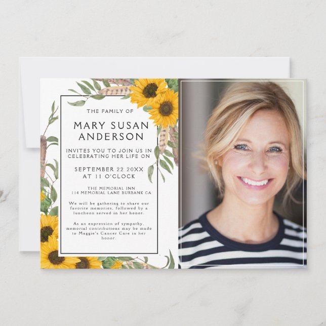 Invitación Foto de Boho Sunflower Celebración de la vida (Anverso)