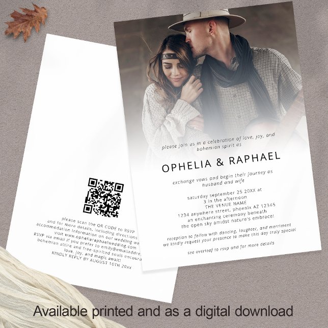 Invitación Foto de Boho Superposición del código QR Boda bohe (Front and back view)