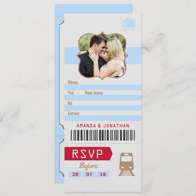 Invitación Foto de boleto de tren de RSVP de boda vintage ret (Anverso / Reverso)