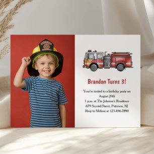 Invitación Foto de Bombero Niño Adorable Cumpleaños Infantil 