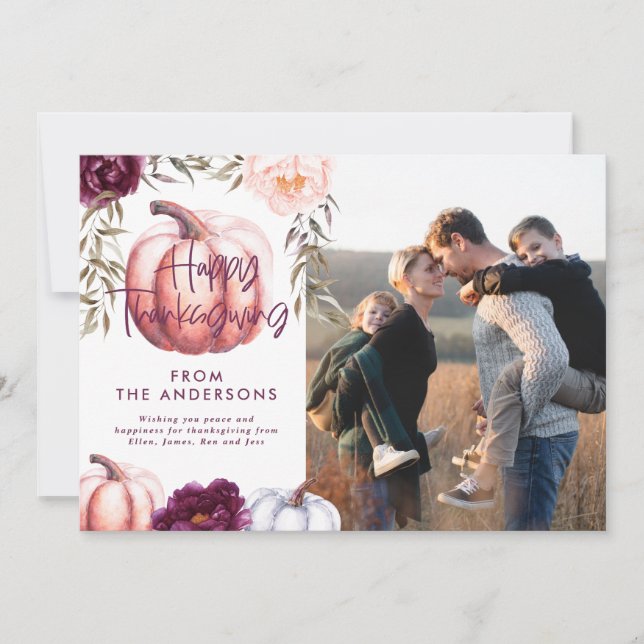 Invitación foto de calabaza de otoño púrpura de acción de gra (Anverso)