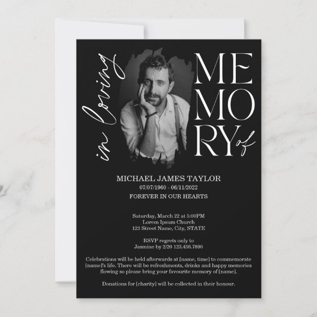 Invitación Foto De Caligrafía Moderna En Funeral De Memoria A (Anverso)