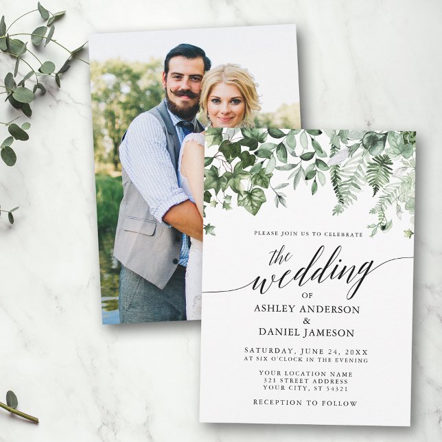 Invitación Foto de Calligraphy Boda Ivy Sage Greenery (Customize to change your personalized text size or style.)