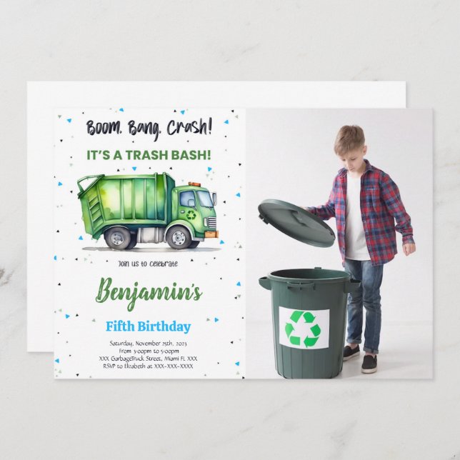 Invitación Foto de camión de basura verde y negra (Anverso / Reverso)