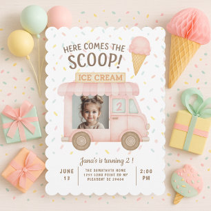 Invitación Foto de Camión de Helado de Rosa Pastel para Cumpl