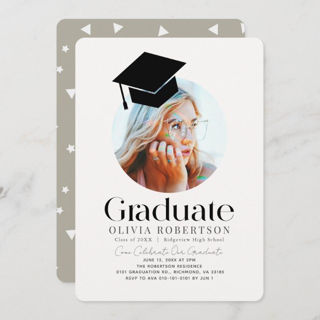 Invitación Foto de Cap Khaki de graduación minimalista (Anverso / Reverso)