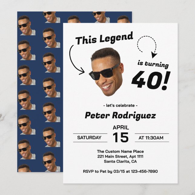 Invitación Foto de Cara Divertida Cumpleaños 40 Hombres Fiest (Anverso / Reverso)