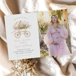Invitación Foto de Carrito de Bebé Floral Pastel para Baby Sh