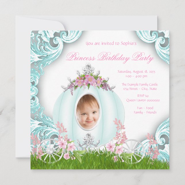 Invitación Foto de Carruaje de Princesa Cumpleaños Fiesta Ros (Anverso)
