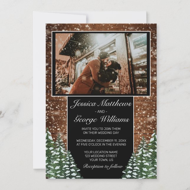 Invitación Foto de casamiento de campo de madera nevada y bos (Anverso)