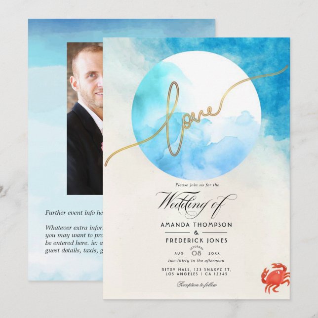 Invitación Foto de casamiento de la playa de verano acuática (Anverso / Reverso)